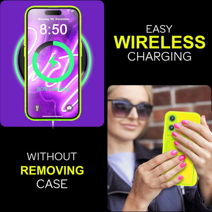 NALIA Neon Silikonhülle für iPhone 16 Plus – Kartenfach & Knallige Signal-Farbe – CARDPOP (Anti-Shock Handyhülle) – Marke aus Berlin
