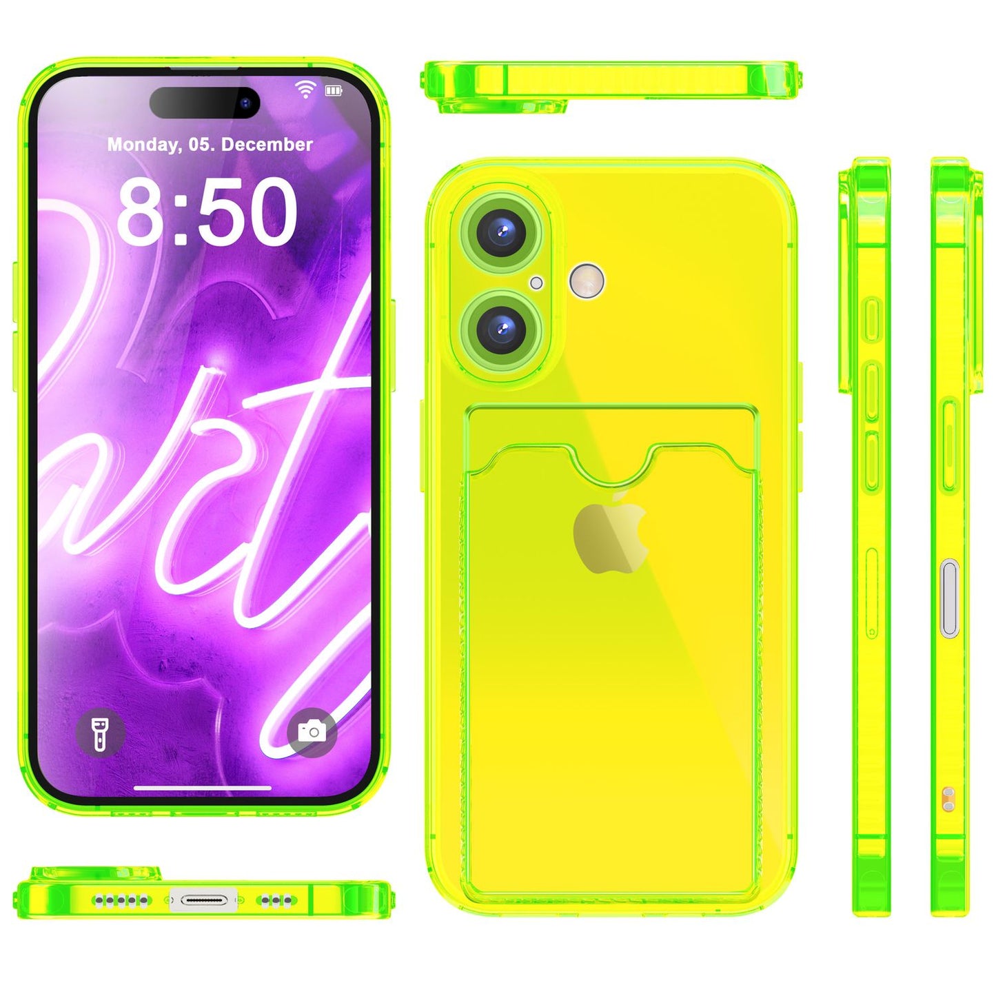 NALIA Neon Silikonhülle für iPhone 16 Plus – Kartenfach & Knallige Signal-Farbe – CARDPOP (Anti-Shock Handyhülle) – Marke aus Berlin