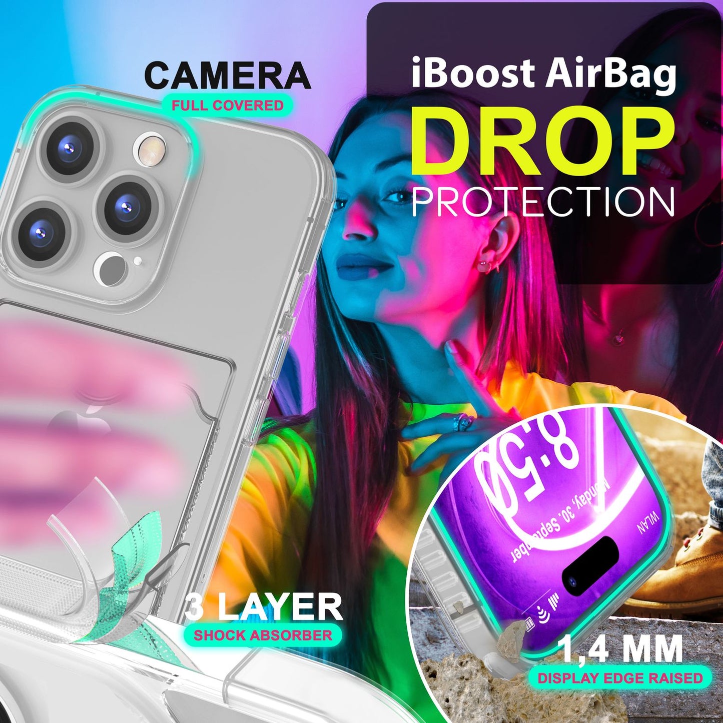 NALIA Neon Silikonhülle für iPhone 16 Pro – Kartenfach & Knallige Signal-Farbe – CARDPOP (Anti-Shock Handyhülle) – Marke aus Berlin
