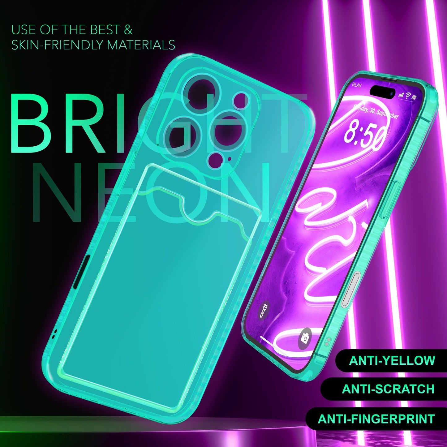 NALIA Neon Silikonhülle für iPhone 16 Pro Max – Kartenfach & Knallige Signal-Farbe – CARDPOP (Anti-Shock Handyhülle) – Marke aus Berlin