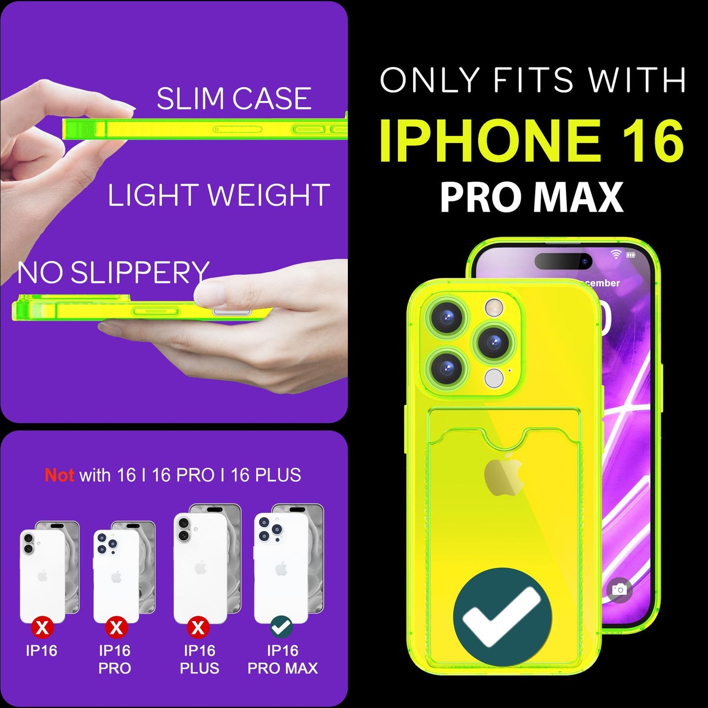 NALIA Neon Silikonhülle für iPhone 16 Pro Max – Kartenfach & Knallige Signal-Farbe – CARDPOP (Anti-Shock Handyhülle) – Marke aus Berlin