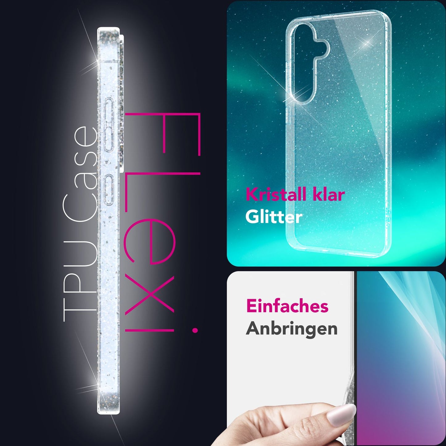 NALIA Glitzerhülle für Samsung Galaxy S25 – Funkelndes Silikon Case – DAZZLIN (Transparent & Stoßfest) – Marke aus Berlin
