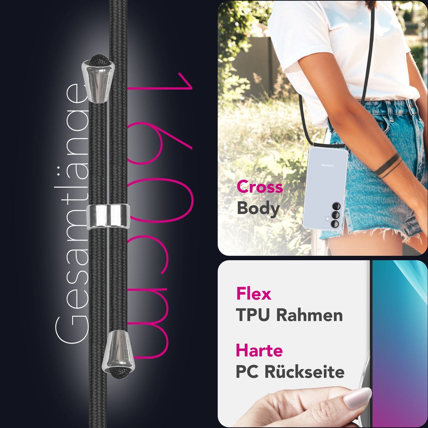 NALIA Handykette für Samsung Galaxy S25 – Transparentes Hybrid-Case & Band – HANGIT PRO (Anti-Gelb Rückseite & Verstellbar) – Marke aus Berlin
