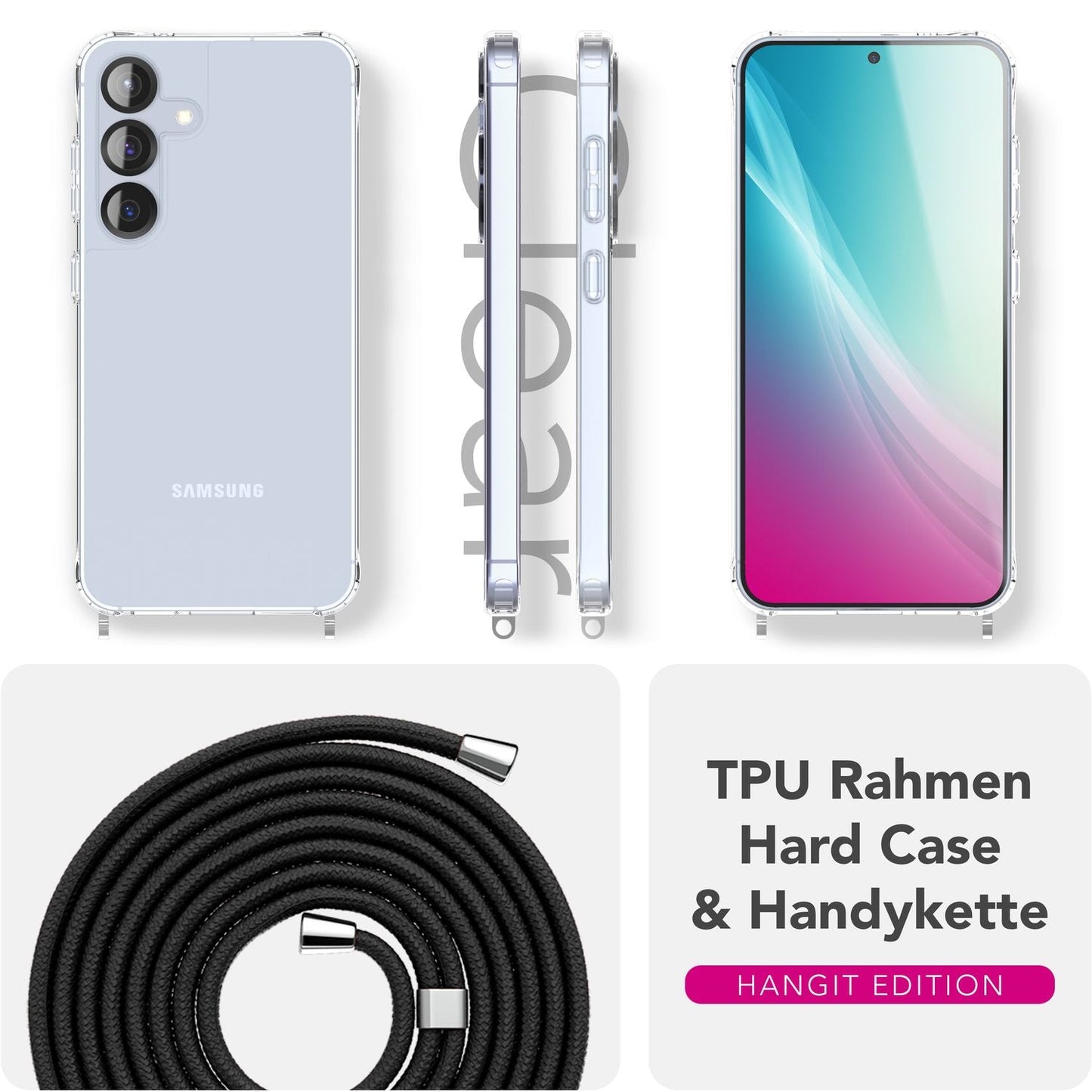 NALIA Handykette für Samsung Galaxy S25 Plus – Transparentes Hybrid-Case & Band – HANGIT PRO (Anti-Gelb Rückseite & Verstellbar) – Marke aus Berlin