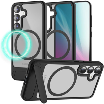 NALIA Triton für Samsung Galaxy S25 Plus Hülle für MagSafe, Magnethülle mit Klappbarem Stand, Ring für Magnetisches Laden, Halb-Transparente Schutzhülle mit schwarzem Silikon-Rand