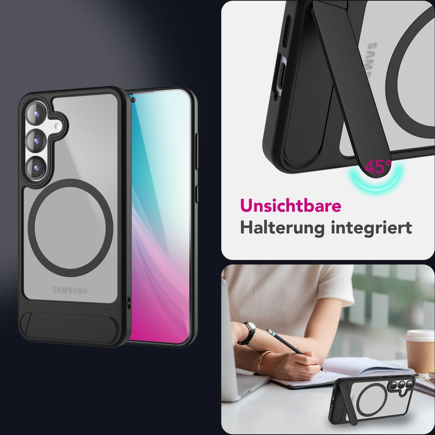 NALIA Triton für Samsung Galaxy S25 Plus Hülle für MagSafe, Magnethülle mit Klappbarem Stand, Ring für Magnetisches Laden, Halb-Transparente Schutzhülle mit schwarzem Silikon-Rand
