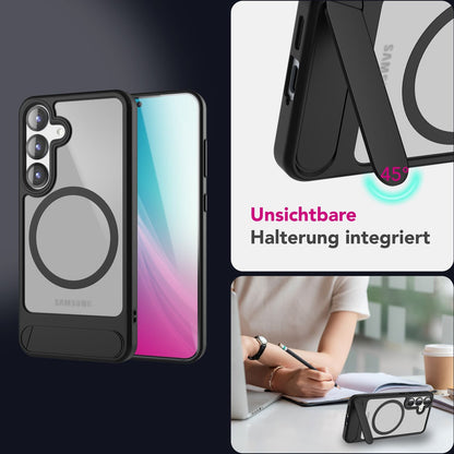 NALIA Triton für Samsung Galaxy S25 Plus Hülle für MagSafe, Magnethülle mit Klappbarem Stand, Ring für Magnetisches Laden, Halb-Transparente Schutzhülle mit schwarzem Silikon-Rand