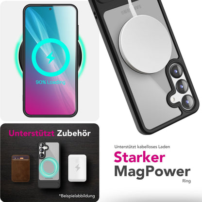 NALIA Triton für Samsung Galaxy S25 Plus Hülle für MagSafe, Magnethülle mit Klappbarem Stand, Ring für Magnetisches Laden, Halb-Transparente Schutzhülle mit schwarzem Silikon-Rand