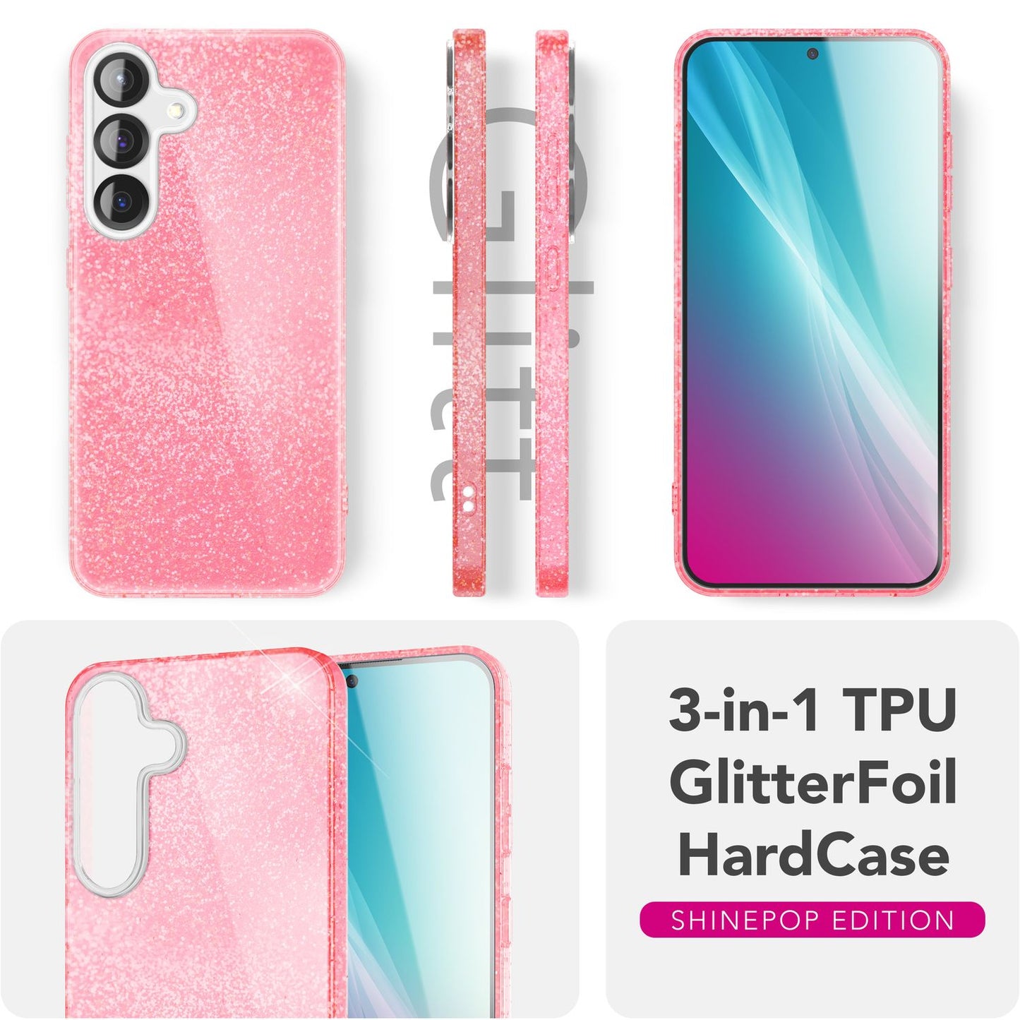 NALIA Glitzerhülle für Samsung Galaxy S25 – Funkelnder Glitzer-Look & Grip – SHINEPOP (Silikon Case) – Marke aus Berlin