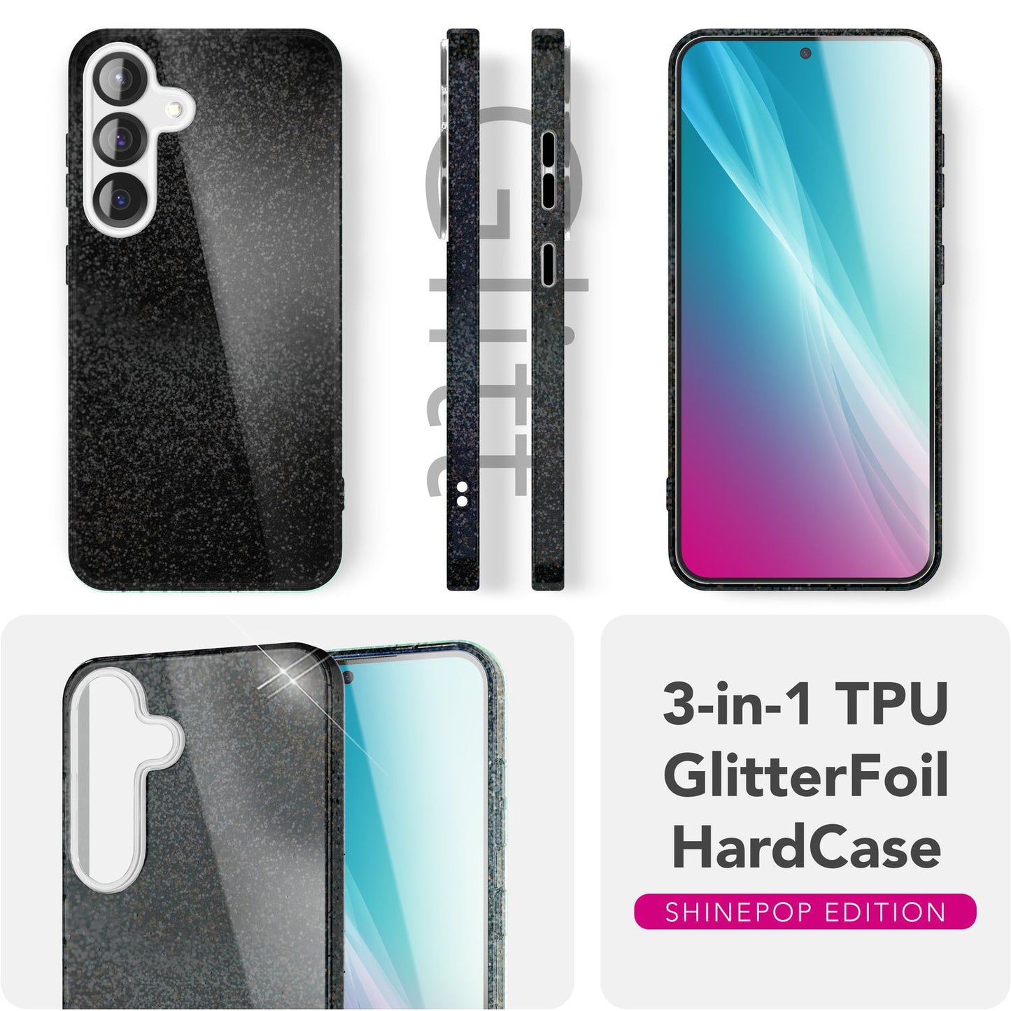 NALIA Glitzerhülle für Samsung Galaxy S25 Plus – Funkelnder Glitzer-Look & Grip – SHINEPOP (Silikon Case) – Marke aus Berlin