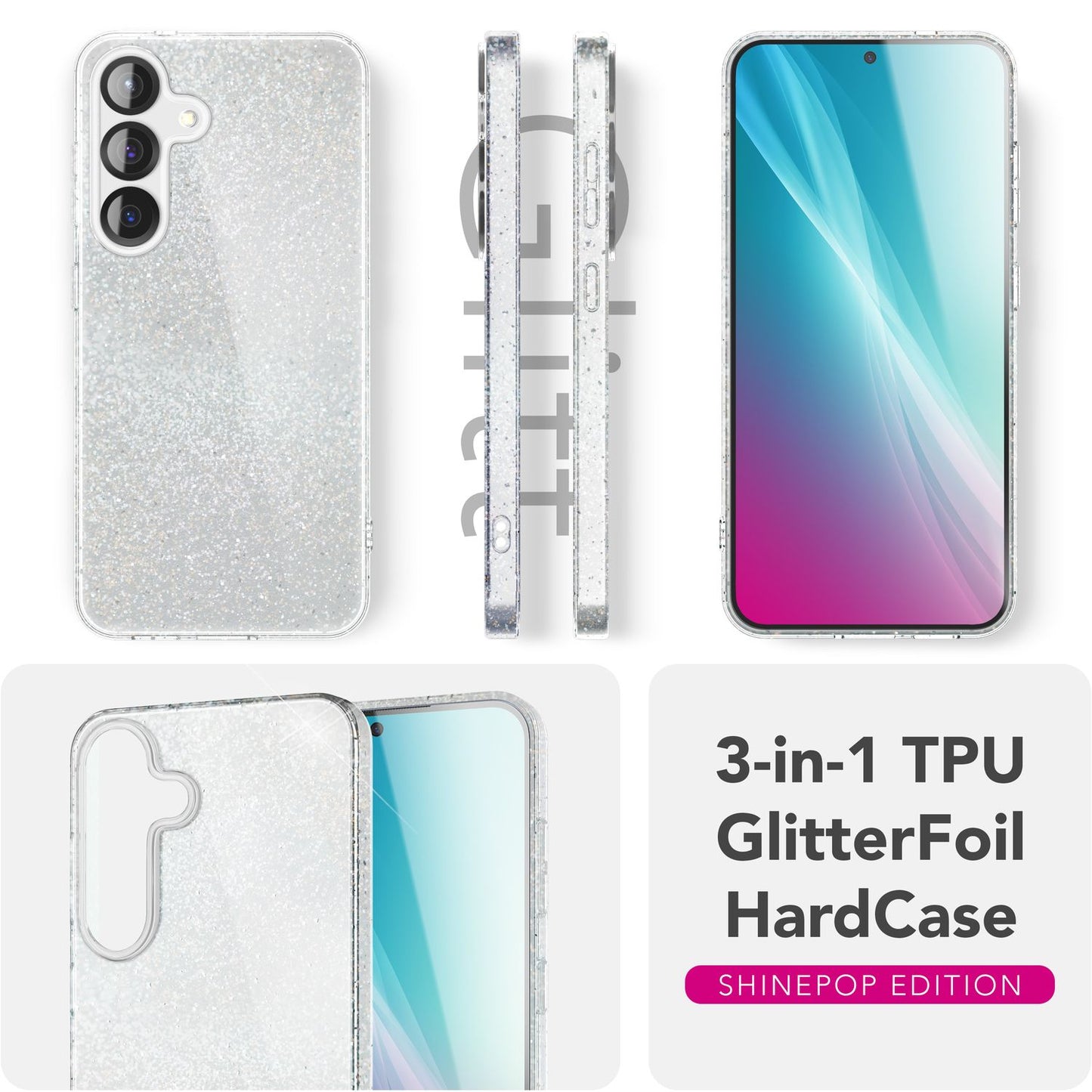 NALIA Glitzerhülle für Samsung Galaxy S25 Plus – Funkelnder Glitzer-Look & Grip – SHINEPOP (Silikon Case) – Marke aus Berlin
