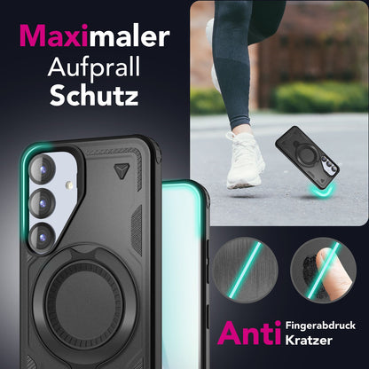 NALIA Magnetische Panzerhülle für Samsung Galaxy S25 Plus – Ring-Halterung 360° & MagSafe kompatibel – STORMGUARD (Outdoor Case) – Marke aus Berlin