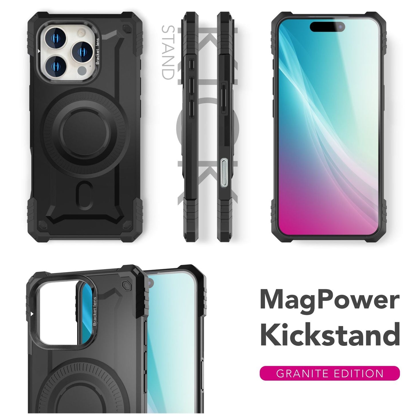 NALIA Magnetische Panzerhülle für iPhone 16 Pro – MagSafe kompatibel & Kamera-Stand – GRANITE (Outdoor Schutzhülle Stoßfest) – Marke aus Berlin