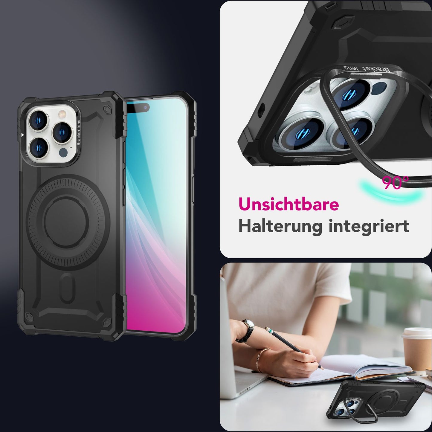 NALIA Magnetische Panzerhülle für iPhone 16 Pro Max – MagSafe kompatibel & Kamera-Stand – GRANITE (Outdoor Schutzhülle Stoßfest) – Marke aus Berlin
