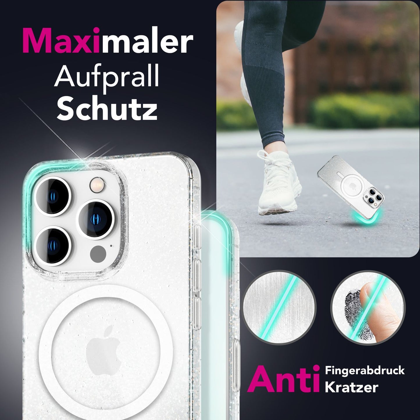 NALIA Glitzerhülle für iPhone 16 Pro – MagSafe kompatibel & Funkelnd – STARLITE (Klares Hybrid-Case mit Silikon-Rahmen & Anti-Gelb Rückseite) – Marke aus Berlin