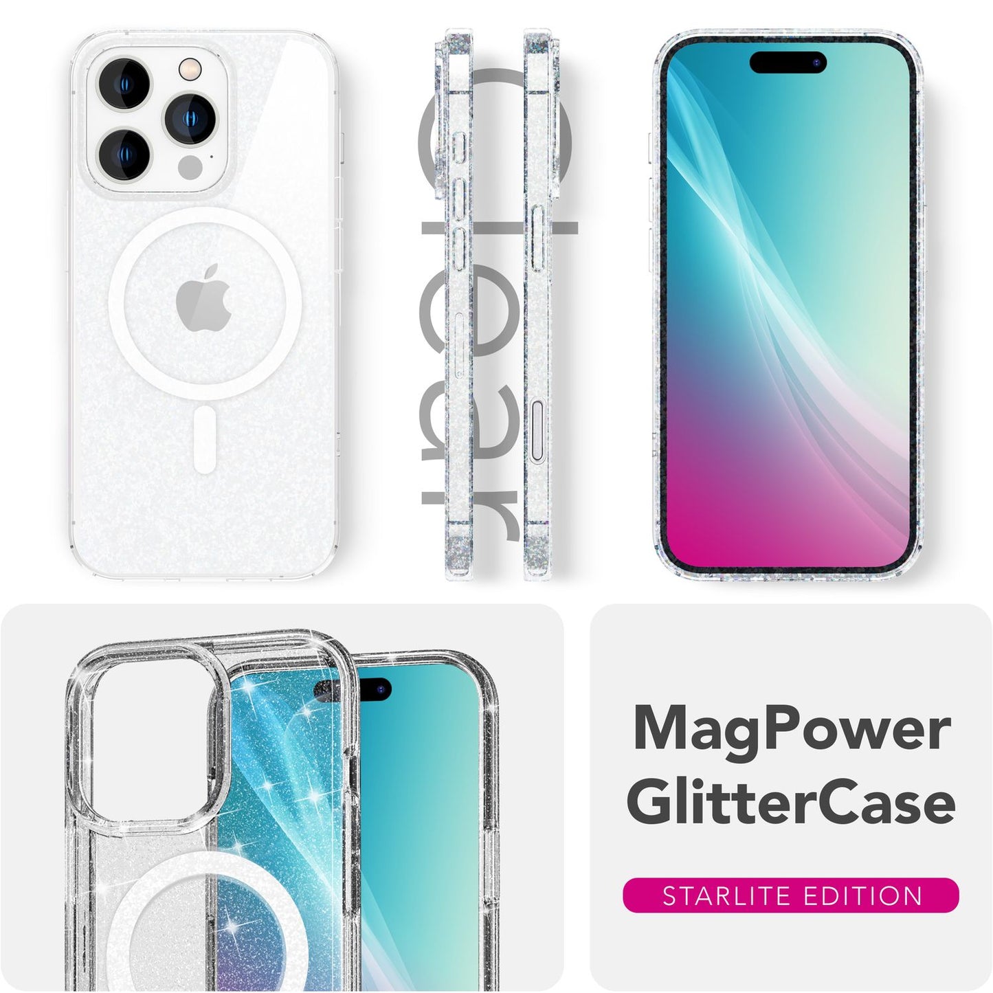 NALIA Glitzerhülle für iPhone 16 Pro – MagSafe kompatibel & Funkelnd – STARLITE (Klares Hybrid-Case mit Silikon-Rahmen & Anti-Gelb Rückseite) – Marke aus Berlin