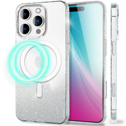 NALIA Glitzerhülle für iPhone 16 Pro Max – MagSafe kompatibel & Funkelnd – STARLITE (Klares Hybrid-Case mit Silikon-Rahmen & Anti-Gelb Rückseite) – Marke aus Berlin