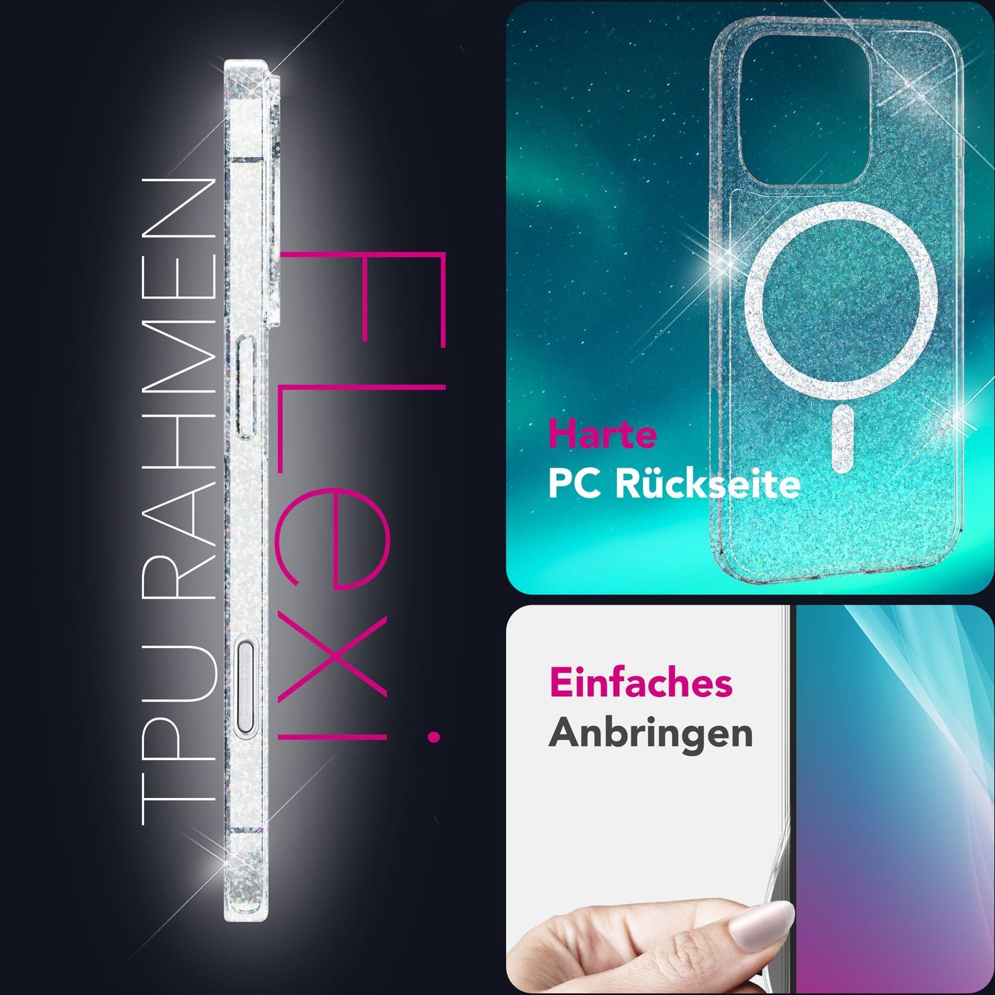 NALIA Glitzerhülle für iPhone 16 Pro Max – MagSafe kompatibel & Funkelnd – STARLITE (Klares Hybrid-Case mit Silikon-Rahmen & Anti-Gelb Rückseite) – Marke aus Berlin