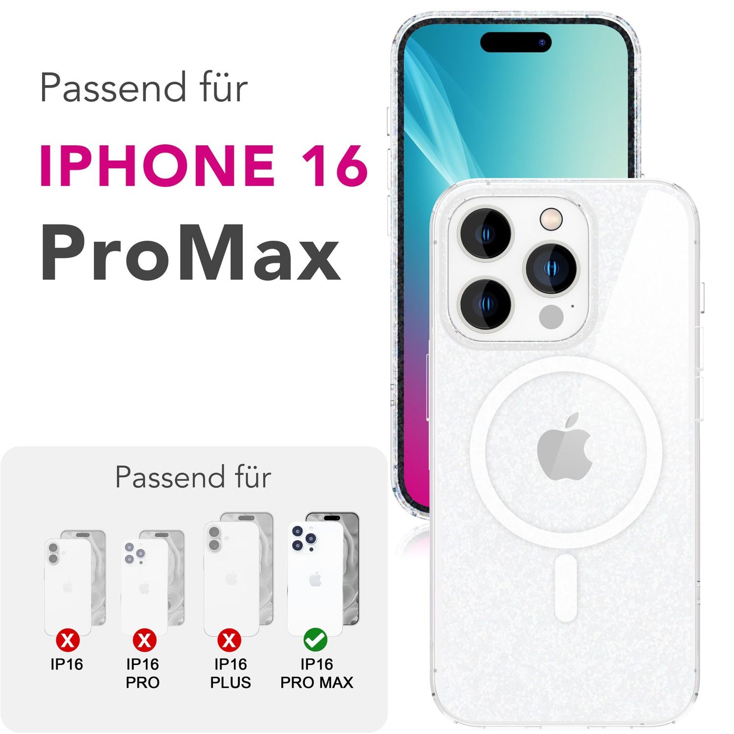 NALIA Glitzerhülle für iPhone 16 Pro Max – MagSafe kompatibel & Funkelnd – STARLITE (Klares Hybrid-Case mit Silikon-Rahmen & Anti-Gelb Rückseite) – Marke aus Berlin