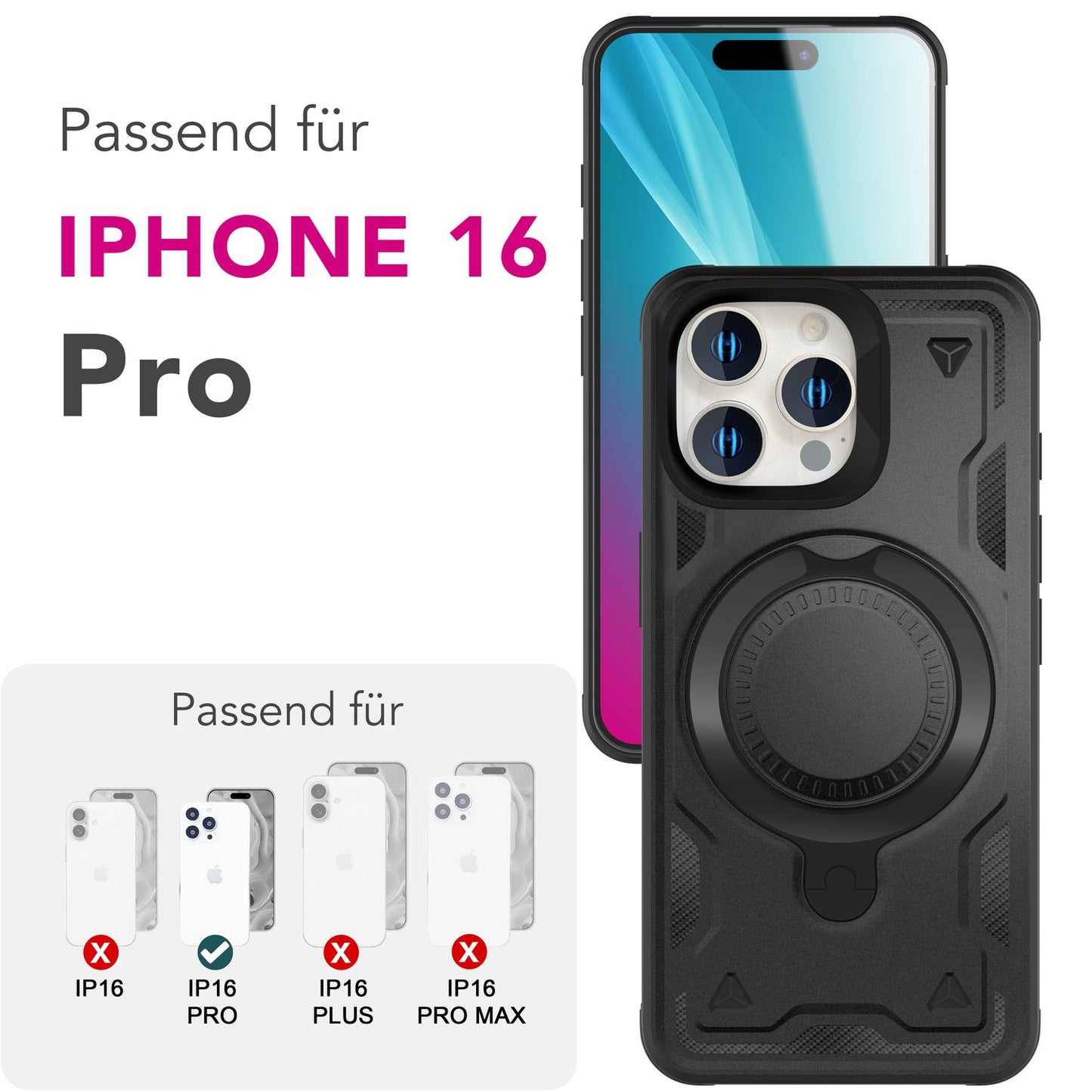 NALIA Magnetische Panzerhülle für iPhone 16 Pro – Ring-Halterung 360° & MagSafe kompatibel – STORMGUARD (Outdoor Case) – Marke aus Berlin