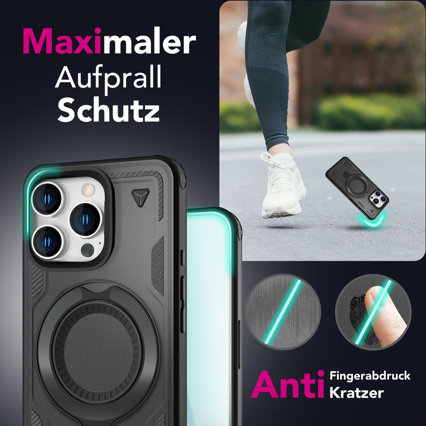 NALIA Magnetische Panzerhülle für iPhone 16 Pro Max – Ring-Halterung 360° & MagSafe kompatibel – STORMGUARD (Outdoor Case) – Marke aus Berlin