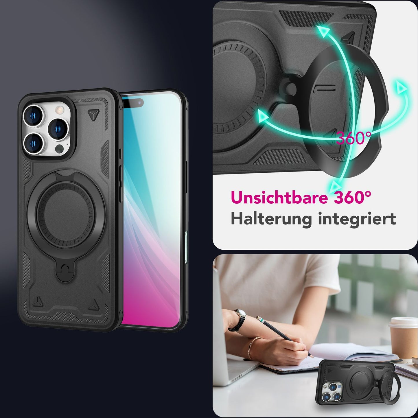 NALIA Magnetische Panzerhülle für iPhone 16 Pro Max – Ring-Halterung 360° & MagSafe kompatibel – STORMGUARD (Outdoor Case) – Marke aus Berlin