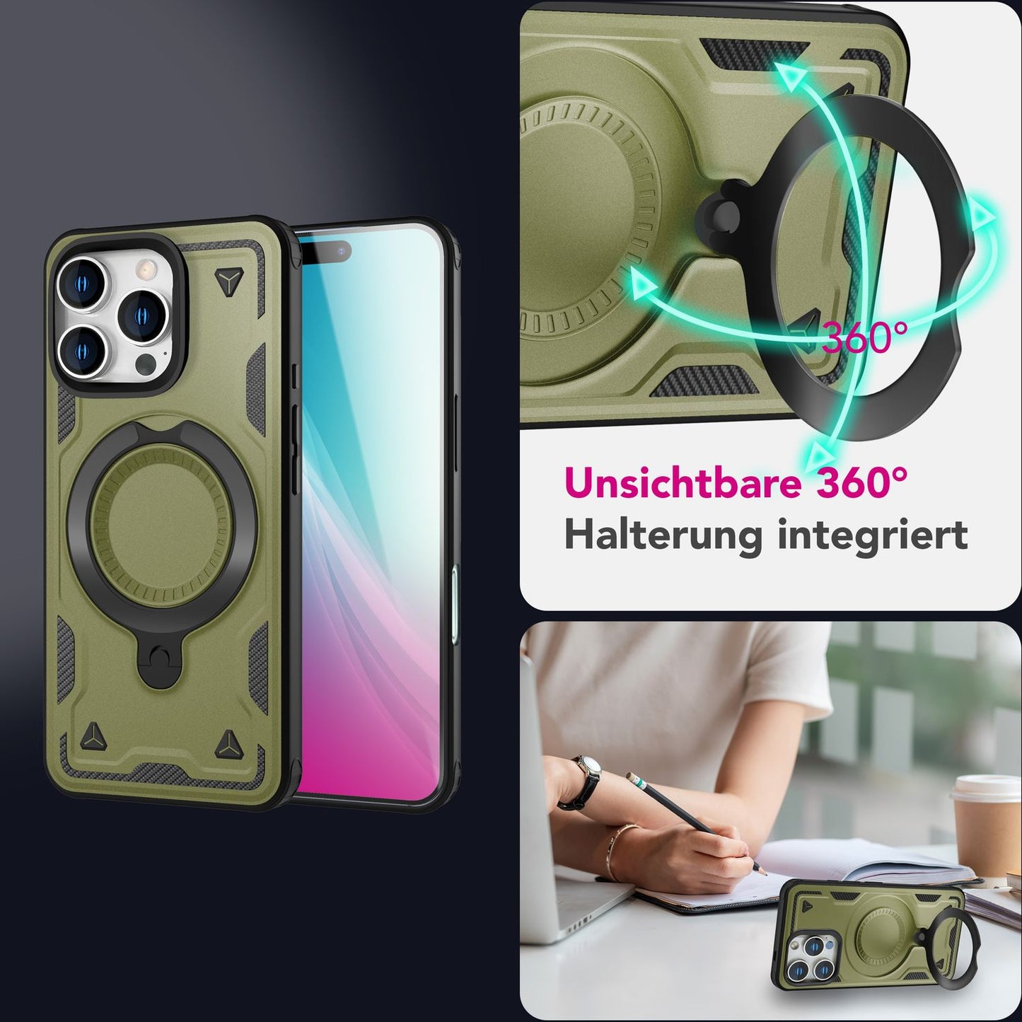 NALIA Magnetische Panzerhülle für iPhone 16 Pro Max – Ring-Halterung 360° & MagSafe kompatibel – STORMGUARD (Outdoor Case) – Marke aus Berlin