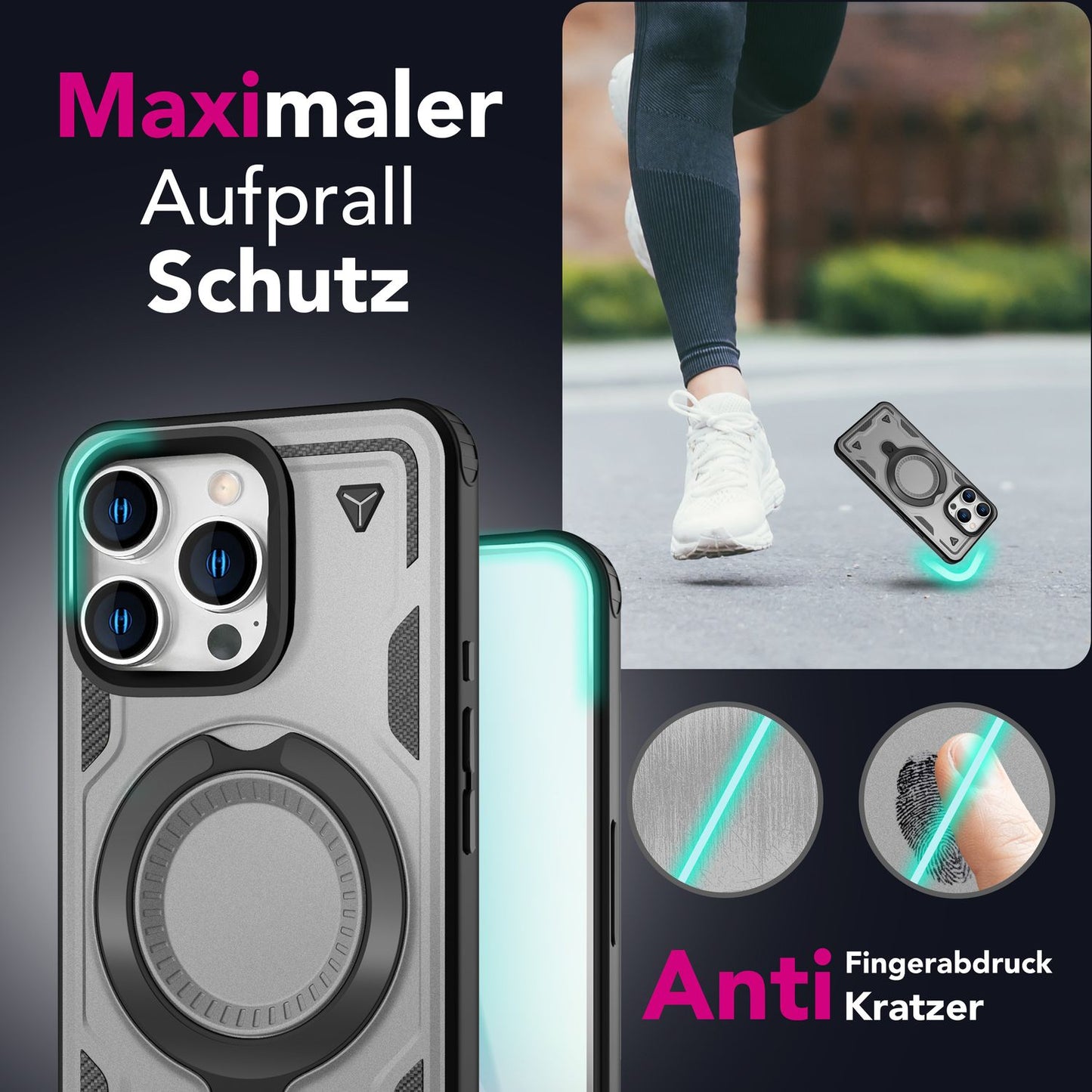 NALIA Magnetische Panzerhülle für iPhone 16 Pro Max – Ring-Halterung 360° & MagSafe kompatibel – STORMGUARD (Outdoor Case) – Marke aus Berlin