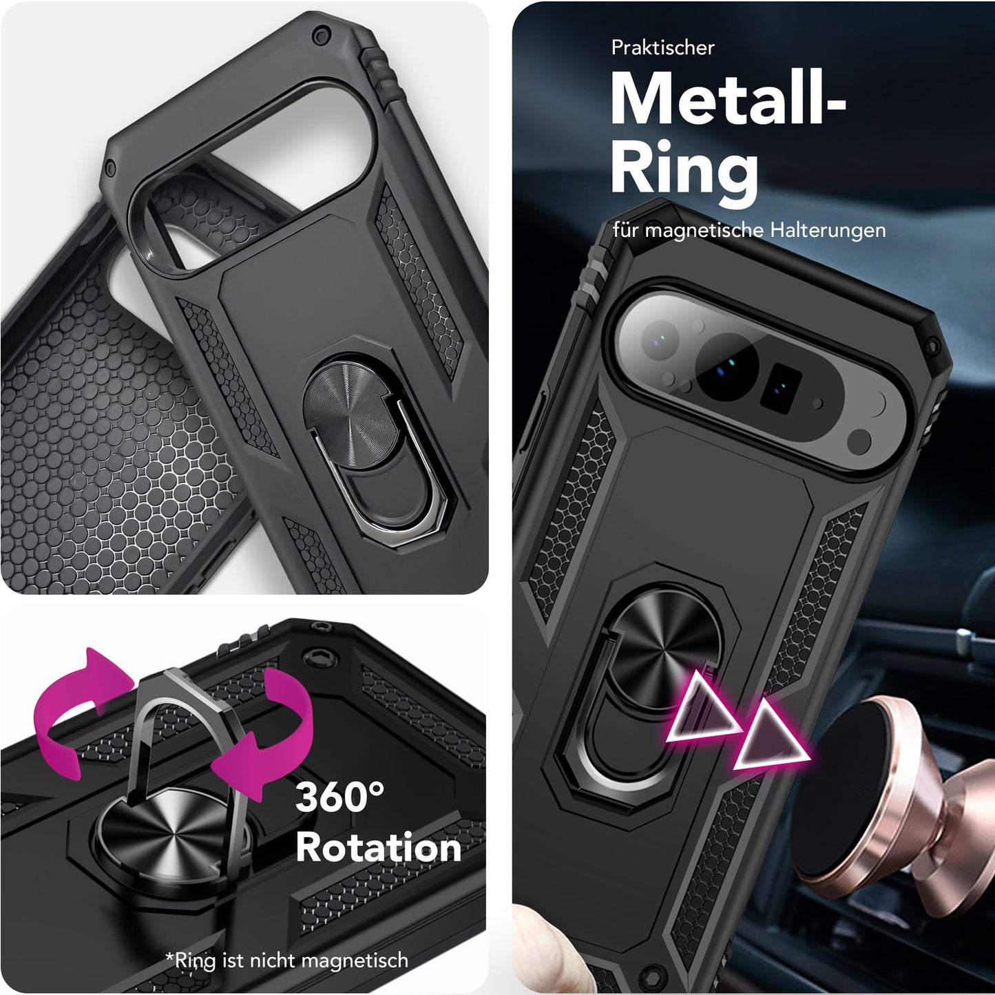 NALIA Panzerhülle für Google Pixel 9 Pro – Ring-Ständer 360° & Magnet-Halterung Kompatibel – RINGDEFEND (Stoßfestes Outdoor Case) – Marke aus Berlin