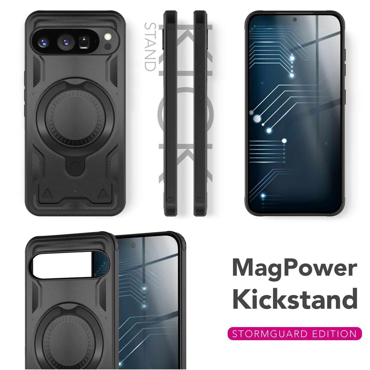 NALIA Magnetische Panzerhülle für Google Pixel 9 Pro – Ring-Halterung 360° & MagSafe kompatibel – STORMGUARD (Outdoor Case) – Marke aus Berlin