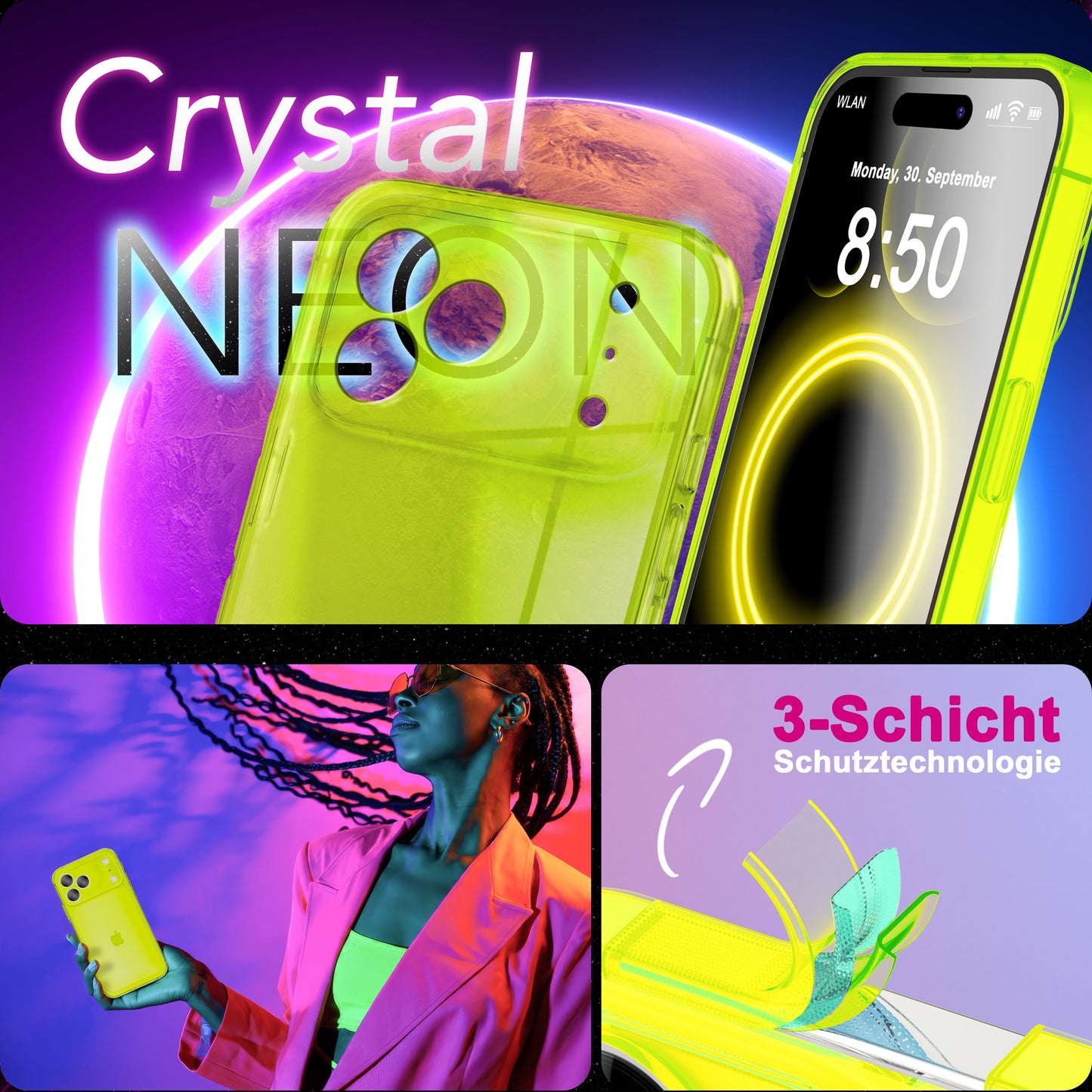 NALIA Neon Silikonhülle für iPhone 17 Pro – Knallige Signal-Farbe & Linsenschutz – VIBE (Transparentes Case) – Marke aus Berlin