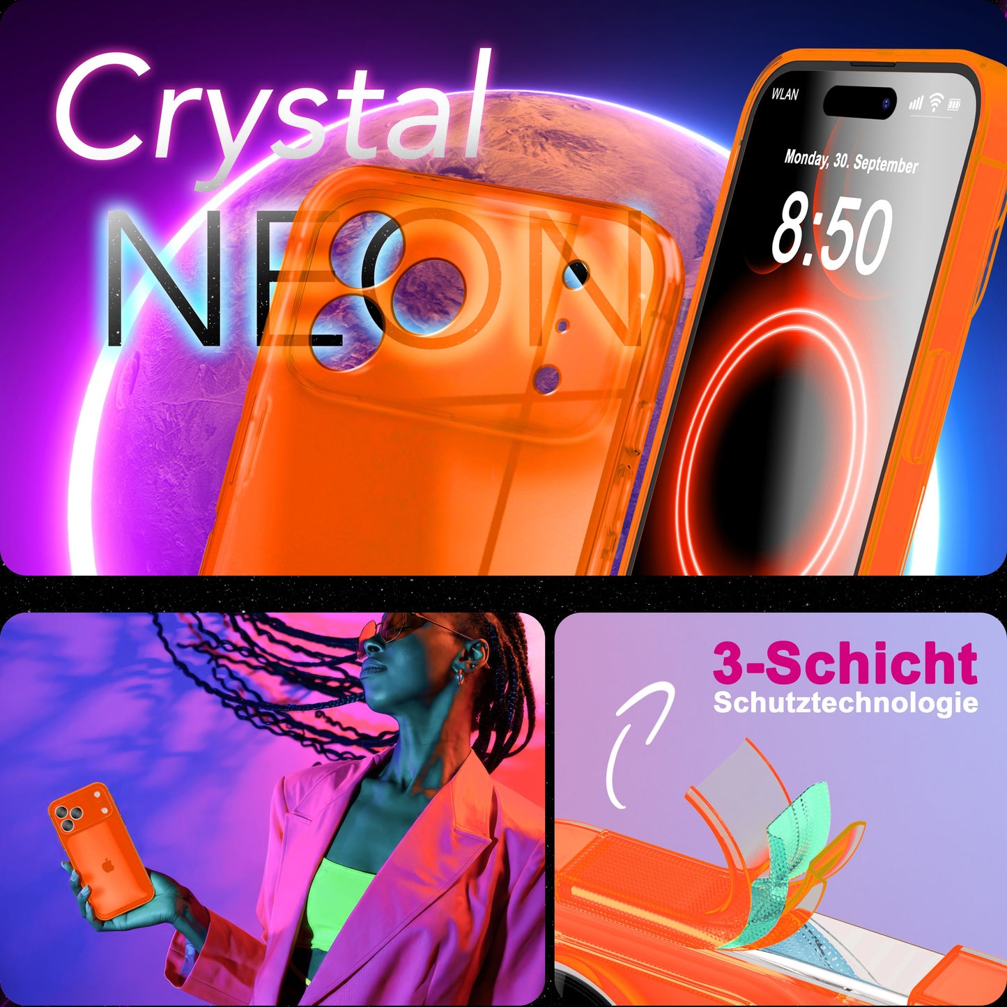 NALIA Neon Silikonhülle für iPhone 17 Pro – Knallige Signal-Farbe & Linsenschutz – VIBE (Transparentes Case) – Marke aus Berlin