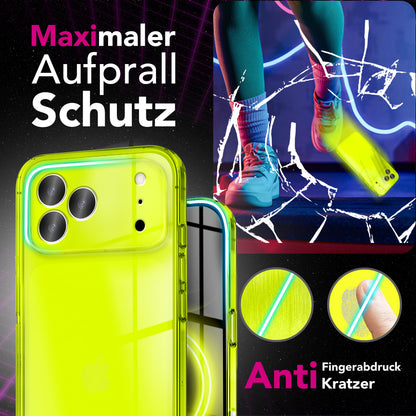 NALIA Neon Silikonhülle für iPhone 17 Pro Max – Knallige Signal-Farbe & Linsenschutz – VIBE (Transparentes Case) – Marke aus Berlin