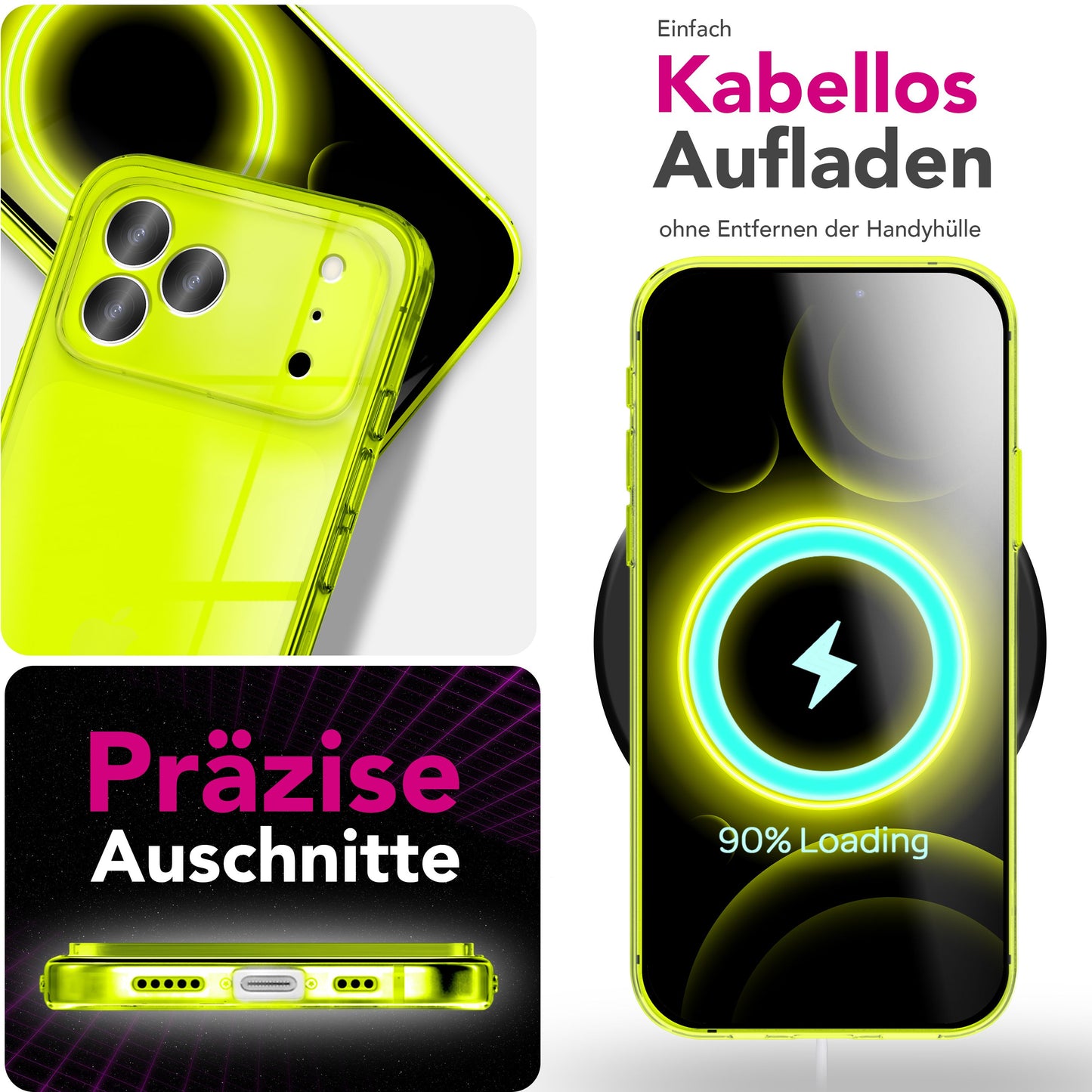 NALIA Neon Silikonhülle für iPhone 17 Pro Max – Knallige Signal-Farbe & Linsenschutz – VIBE (Transparentes Case) – Marke aus Berlin