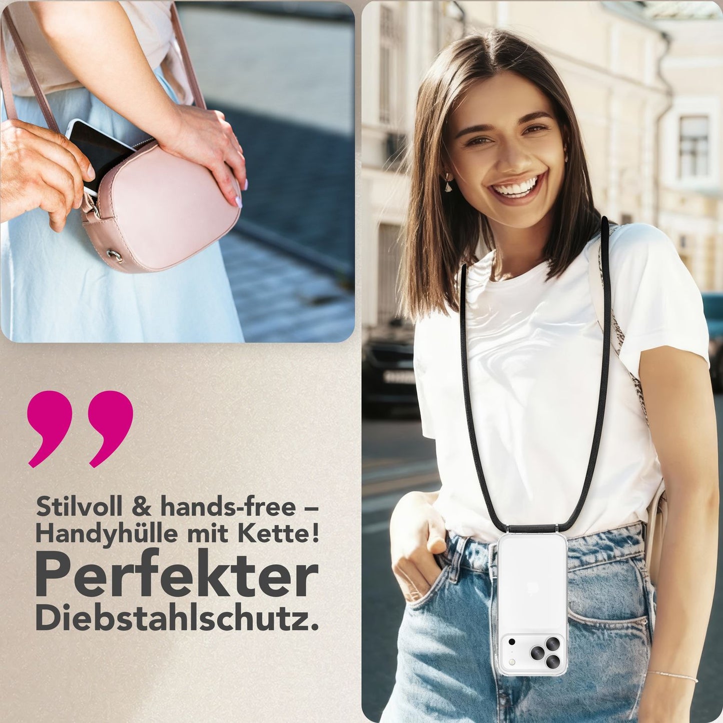 NALIA Handykette für iPhone 17 Pro Max – Transparentes Hybrid-Case & Band – HANGIT PRO (Anti-Gelb Rückseite & Verstellbar) – Marke aus Berlin