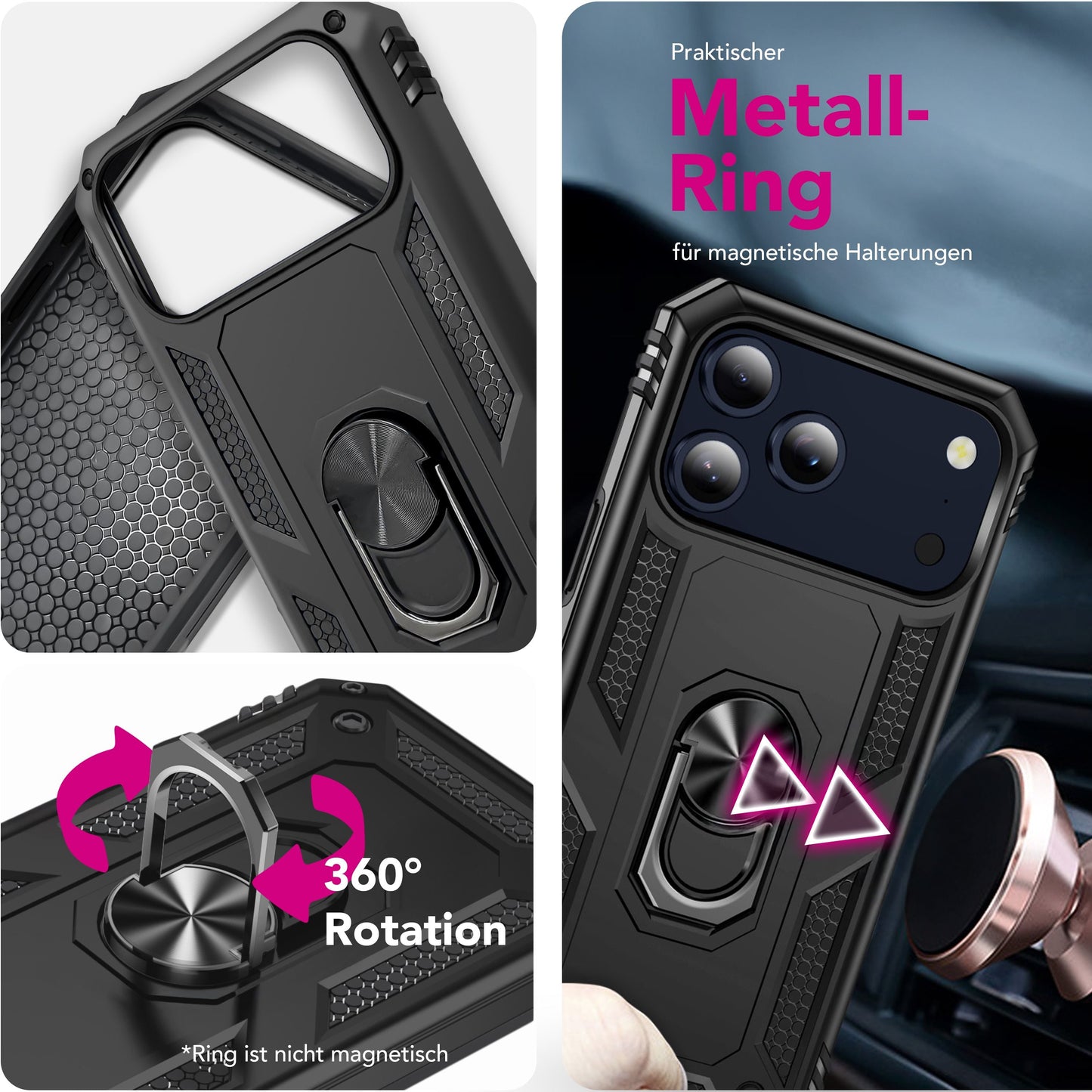 NALIA Panzerhülle für iPhone 17 Pro – Ring-Ständer 360° & Magnet-Halterung Kompatibel – RINGDEFEND (Stoßfestes Outdoor Case) – Marke aus Berlin