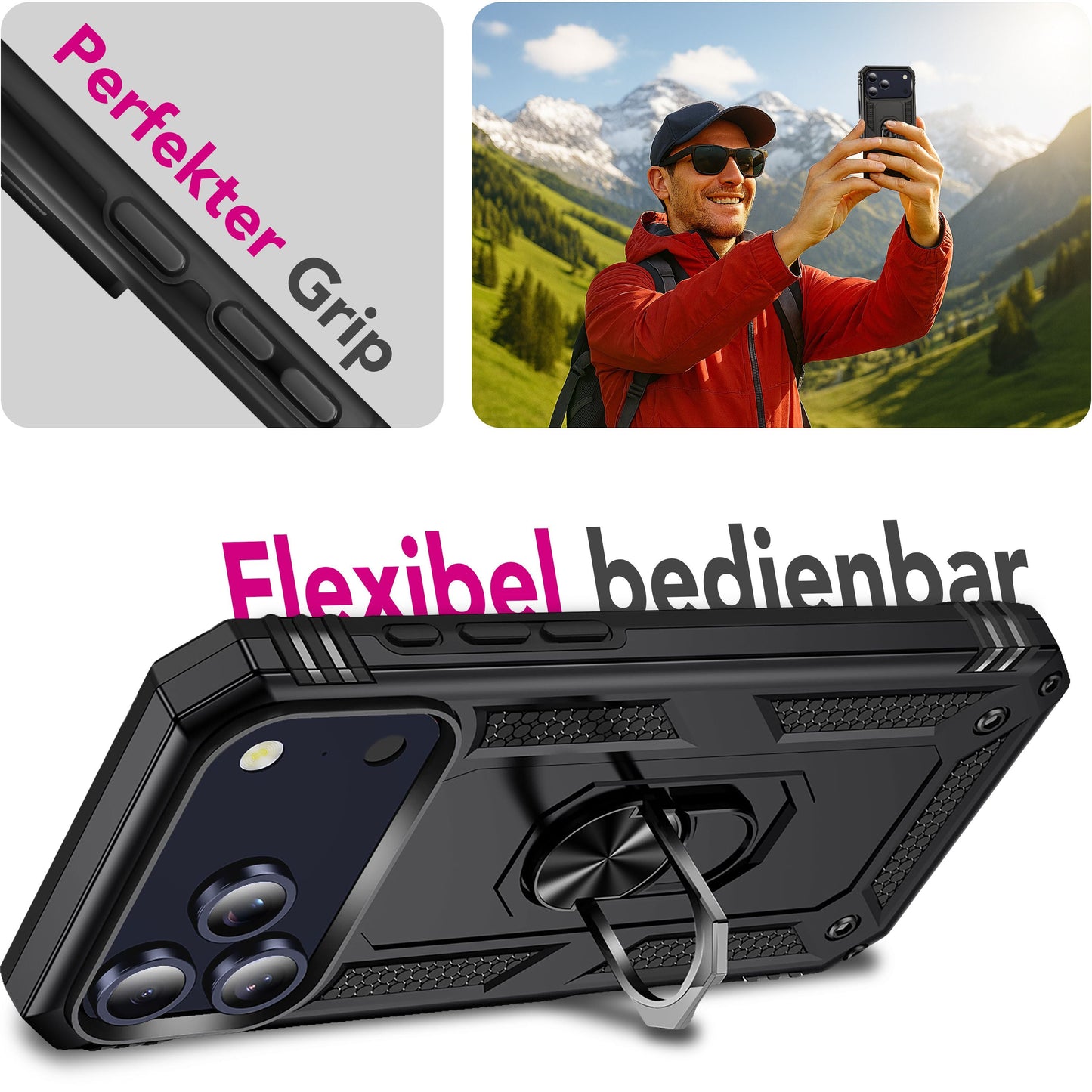 NALIA Panzerhülle für iPhone 17 Pro Max – Ring-Ständer 360° & Magnet-Halterung Kompatibel – RINGDEFEND (Stoßfestes Outdoor Case) – Marke aus Berlin