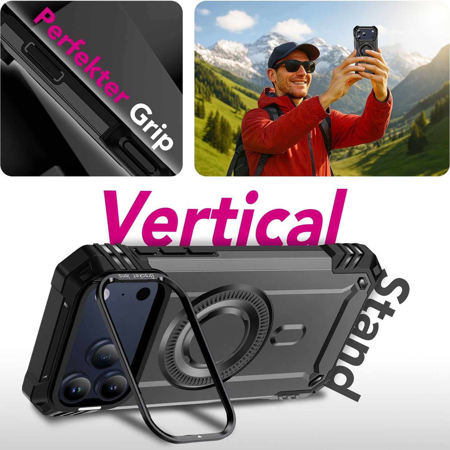 NALIA Magnetische Panzerhülle für iPhone 17 Pro Max – MagSafe kompatibel & Kamera-Stand – GRANITE (Outdoor Schutzhülle Stoßfest) – Marke aus Berlin