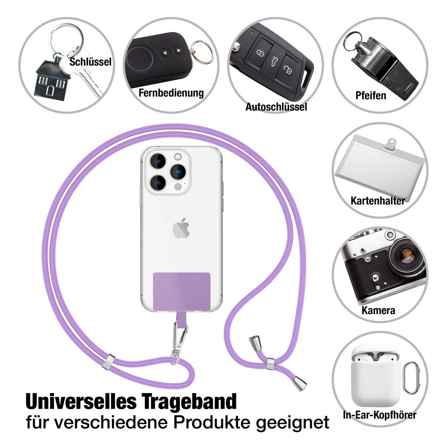 NALIA Universal Handykette für alle Smartphones – Robuste Kordel & 2 Patches – HOLDME AIR (Klassisches Lanyard mit Silbernem Karabiner) – Marke aus Berlin