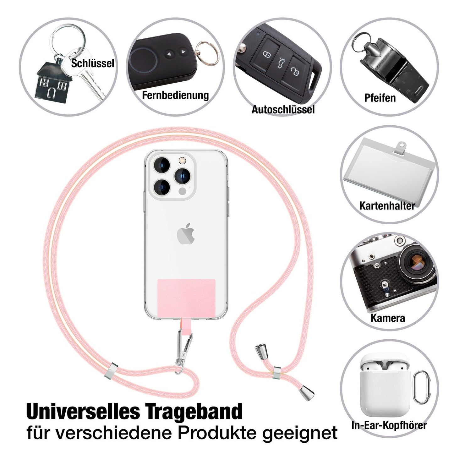NALIA Universal Handykette für alle Smartphones – Robuste Kordel & 2 Patches – HOLDME AIR (Klassisches Lanyard mit Silbernem Karabiner) – Marke aus Berlin