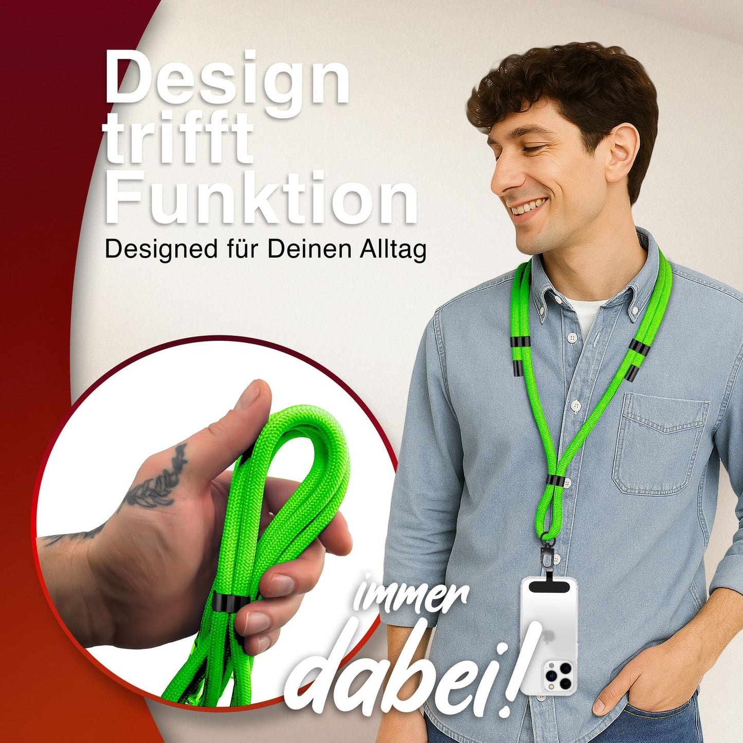 NALIA Universal Handykette für alle Smartphones – Premium Komfort-Nylon & 2 Patches – HOLDME (Geflochtenes Lanyard mit Mattschwarzem Karabiner) – Marke aus Berlin