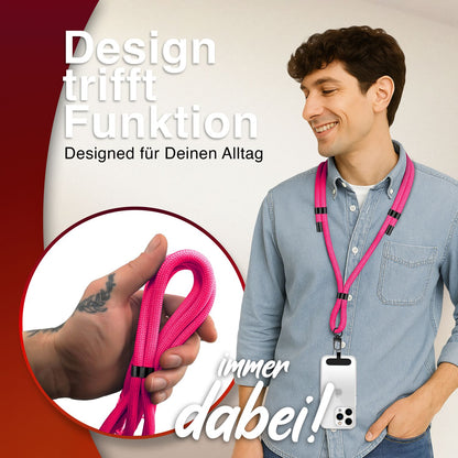 NALIA Universal Handykette für alle Smartphones – Premium Komfort-Nylon & 2 Patches – HOLDME (Geflochtenes Lanyard mit Mattschwarzem Karabiner) – Marke aus Berlin