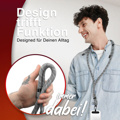 NALIA Universal Handykette für alle Smartphones – Premium Komfort-Nylon & 2 Patches – HOLDME (Geflochtenes Lanyard mit Mattschwarzem Karabiner) – Marke aus Berlin