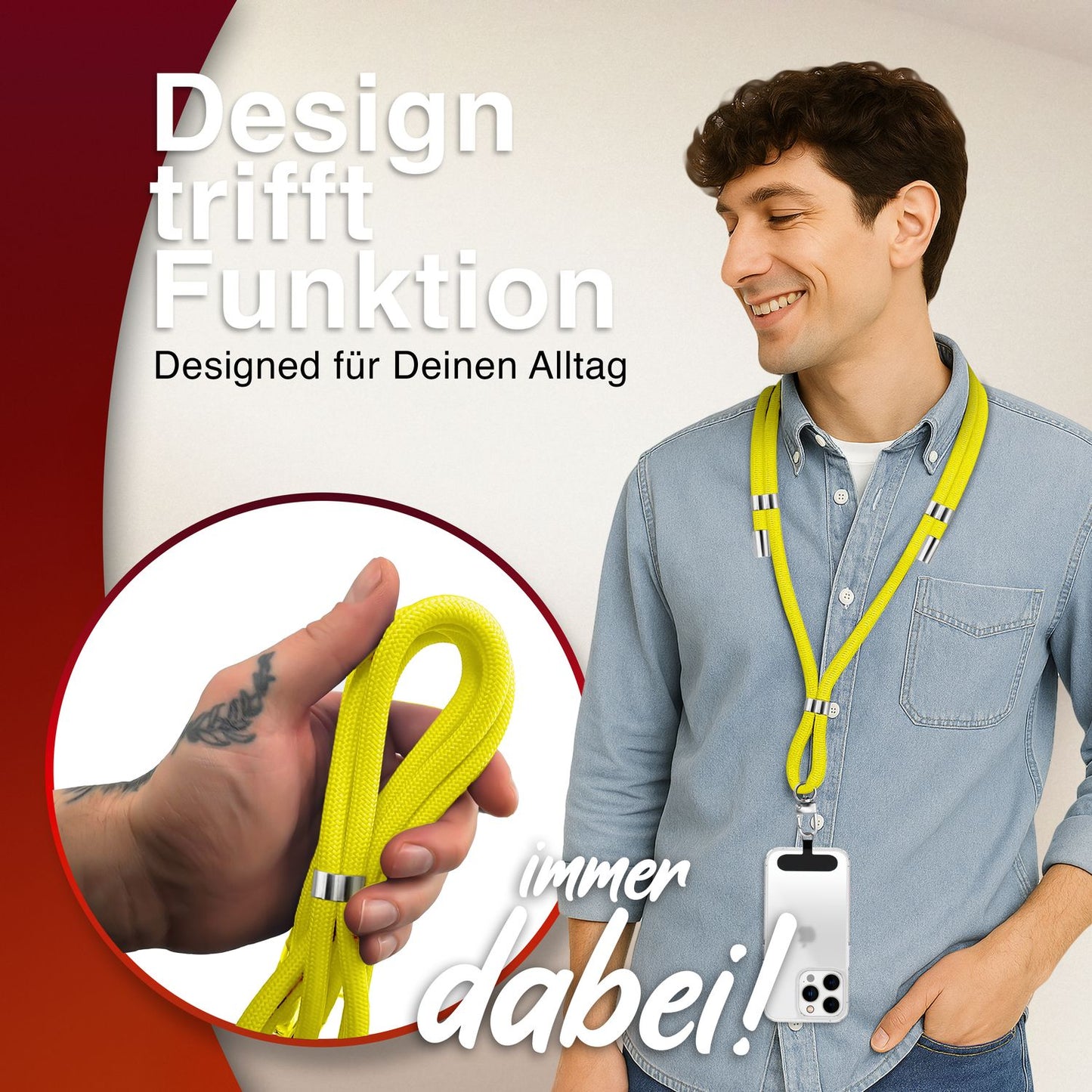 NALIA Universal Handykette für alle Smartphones – Premium Komfort-Nylon & 2 Patches – HOLDME (Geflochtenes Lanyard mit Silber-Karabiner) – Marke aus Berlin