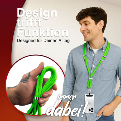 NALIA Universal Handykette für alle Smartphones – Premium Komfort-Nylon & 2 Patches – HOLDME (Geflochtenes Lanyard mit Silber-Karabiner) – Marke aus Berlin