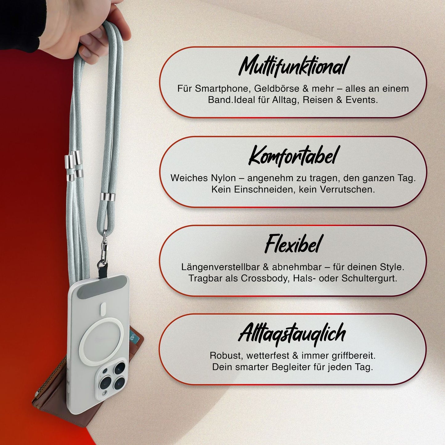 NALIA Universal Handykette für alle Smartphones – Premium Komfort-Nylon & 2 Patches – HOLDME (Geflochtenes Lanyard mit Silber-Karabiner) – Marke aus Berlin