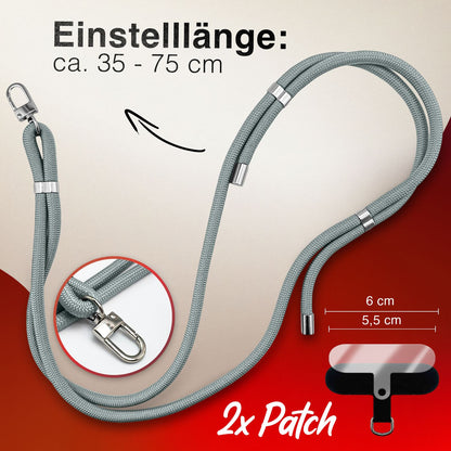 NALIA Universal Handykette für alle Smartphones – Premium Komfort-Nylon & 2 Patches – HOLDME (Geflochtenes Lanyard mit Silber-Karabiner) – Marke aus Berlin