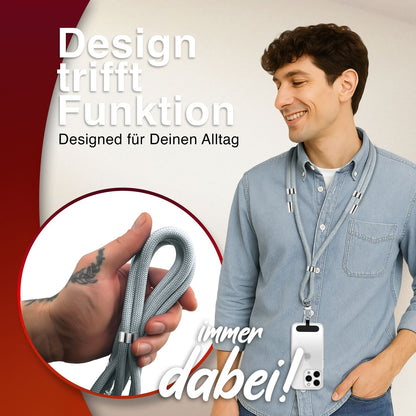 NALIA Universal Handykette für alle Smartphones – Premium Komfort-Nylon & 2 Patches – HOLDME (Geflochtenes Lanyard mit Silber-Karabiner) – Marke aus Berlin