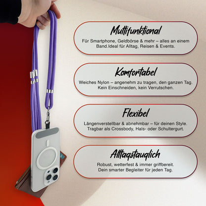 NALIA Universal Handykette für alle Smartphones – Premium Komfort-Nylon & 2 Patches – HOLDME (Geflochtenes Lanyard mit Silber-Karabiner) – Marke aus Berlin