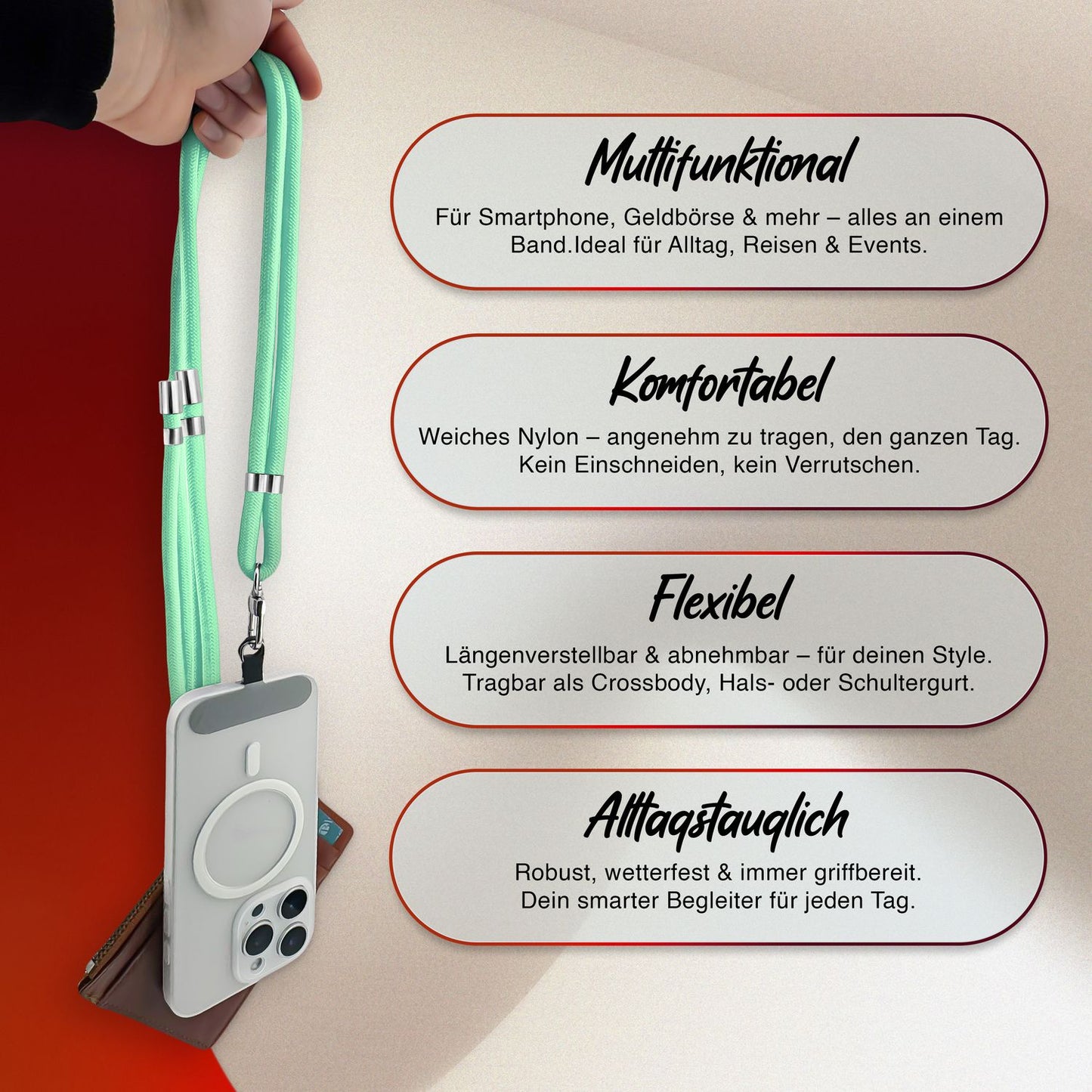 NALIA Universal Handykette für alle Smartphones – Premium Komfort-Nylon & 2 Patches – HOLDME (Geflochtenes Lanyard mit Silber-Karabiner) – Marke aus Berlin